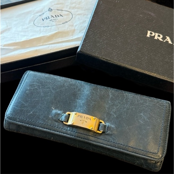 Prada Long Double Snap Flap Wallet Distressed Blue Green Leather Gold Hardware - Picture 14 of 14